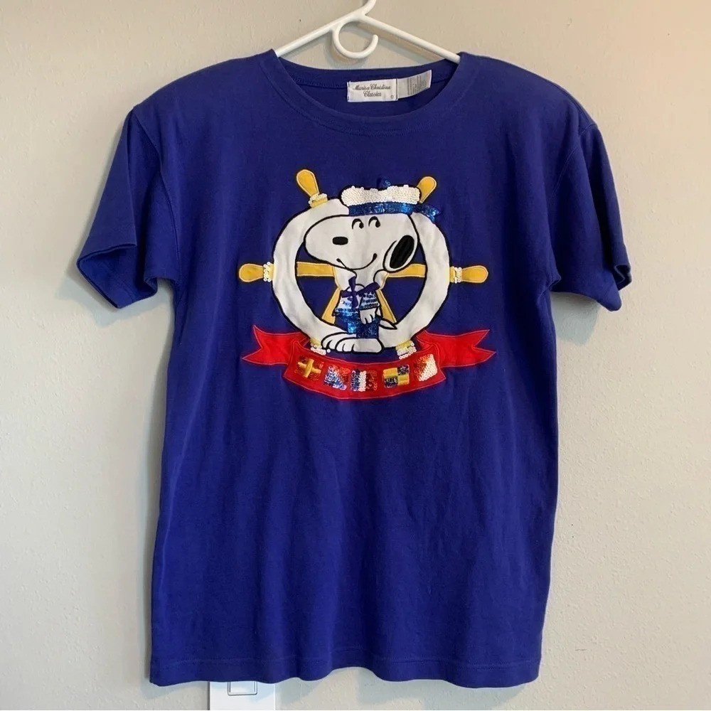 Vtg Marisa Christina Snoopy Sail Around The World Blue Sequined Shirt Medium